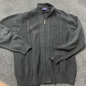 Alan Flusser Sweater Mens Large Gray Full Zip‎ Cable Knit Cotton Mock Neck